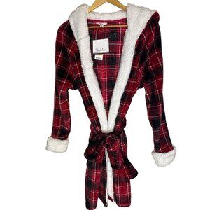 Roudelain Women's Small Hooded‎ Plaid Fleece Robe Multicolor Comfy Lounge